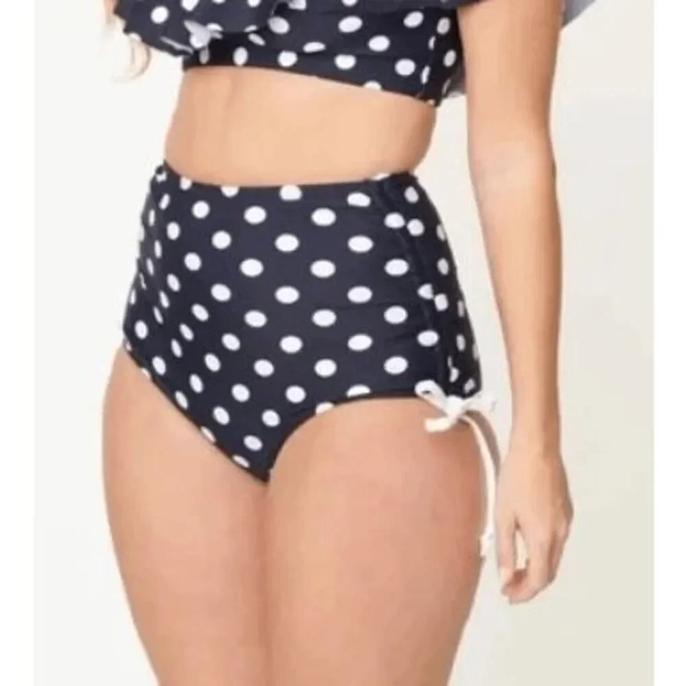 Unique Vintage Navy & White Polka Dot High-Waisted Side Ties Swim Bottoms – S